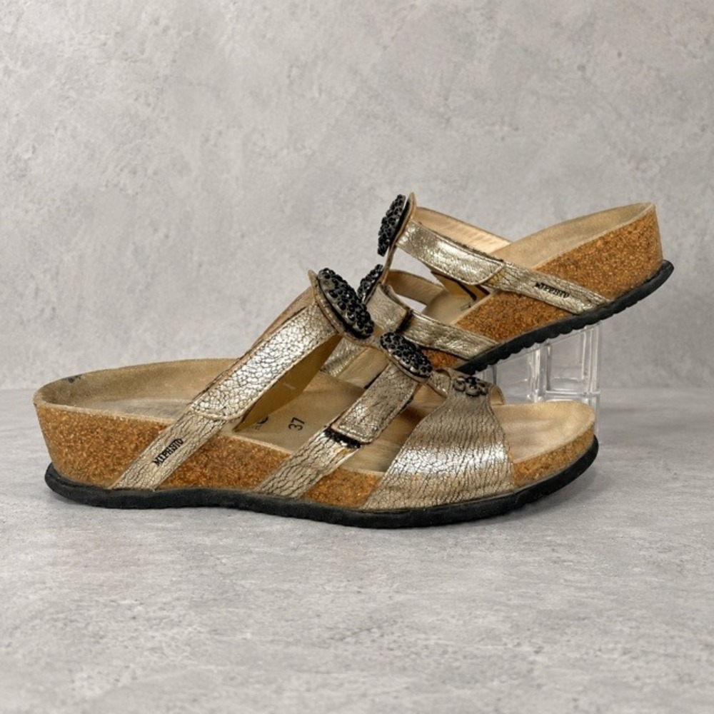 Mephisto Air-Relax Gold Leather Rhinestone Comfort Wedge Slides EU 37 US 7